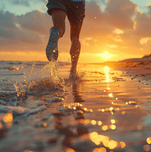 Person jogging on the beach at sunset